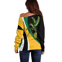 Jamaica Independence Day Personalized Off Shoulder Sweater Green and Yellow Tribal Hummingbird - Wonder Print Shop