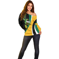 Jamaica Independence Day Personalized Off Shoulder Sweater Green and Yellow Tribal Hummingbird - Wonder Print Shop