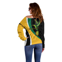 Jamaica Independence Day Personalized Off Shoulder Sweater Green and Yellow Tribal Hummingbird - Wonder Print Shop