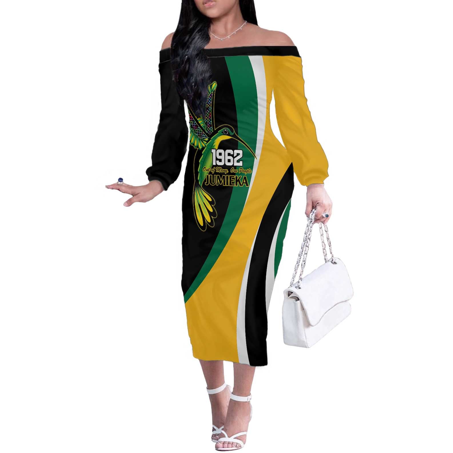 Jamaica Independence Day Personalized Off The Shoulder Long Sleeve Dress Green and Yellow Tribal Hummingbird - Wonder Print Shop