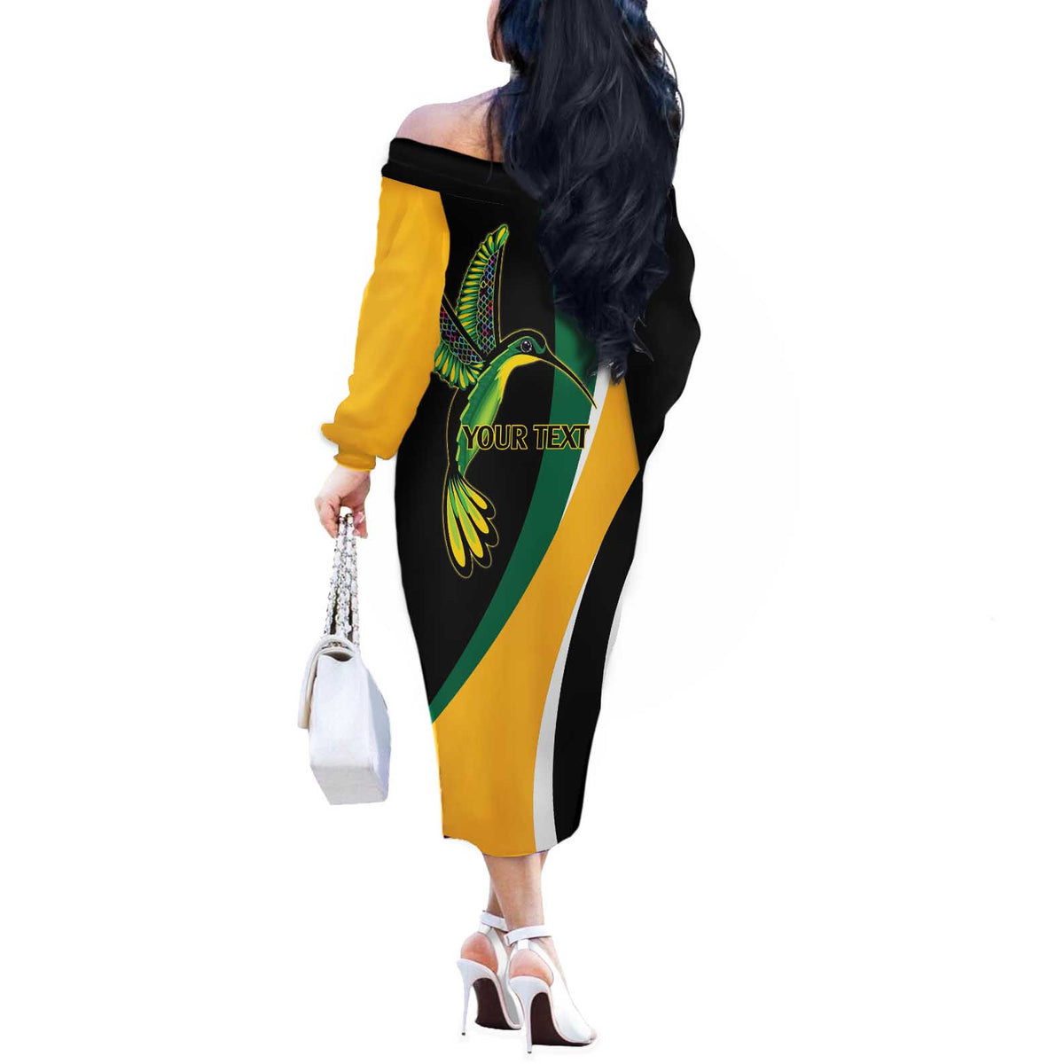 Jamaica Independence Day Personalized Off The Shoulder Long Sleeve Dress Green and Yellow Tribal Hummingbird - Wonder Print Shop