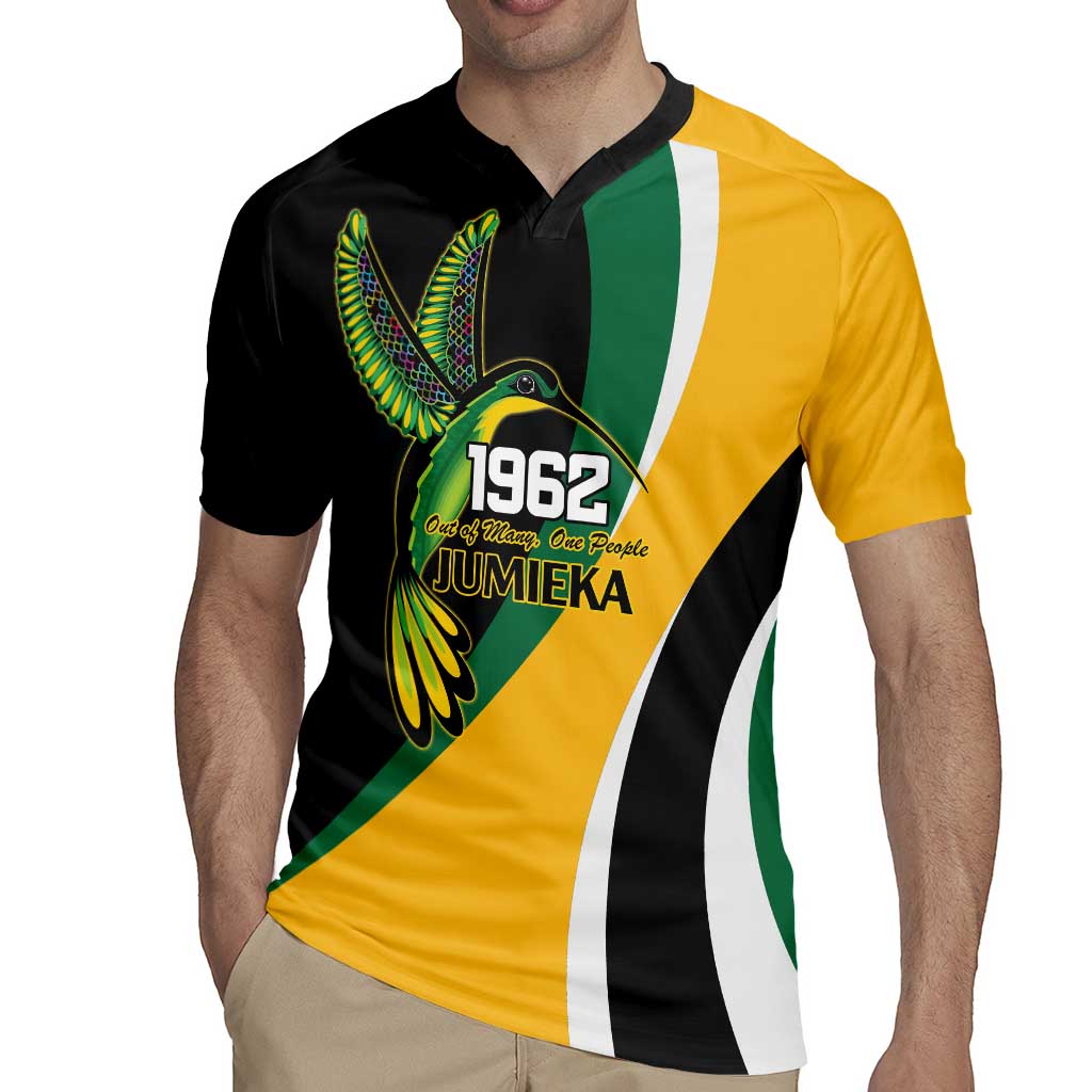 Jamaica Independence Day Personalized Rugby Jersey Green and Yellow Tribal Hummingbird - Wonder Print Shop