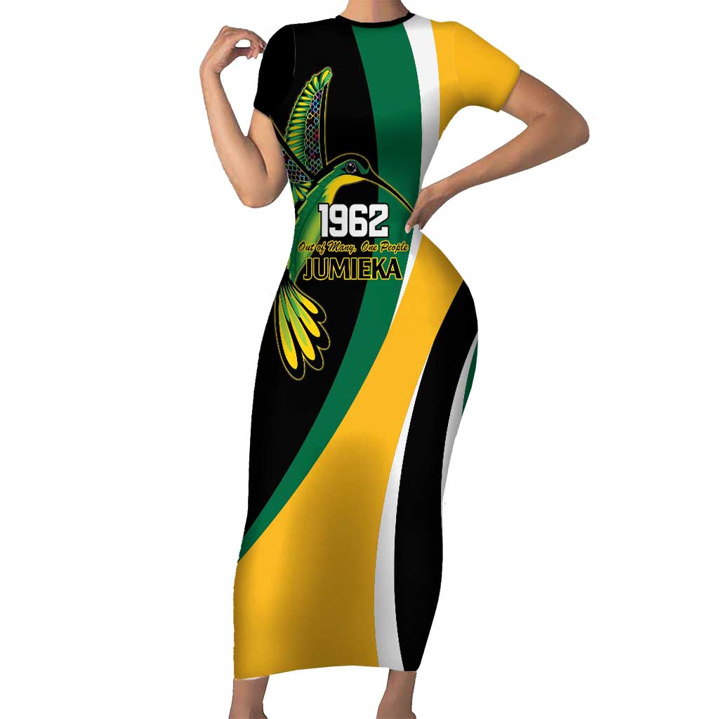 Jamaica Independence Day Personalized Short Sleeve Bodycon Dress Green and Yellow Tribal Hummingbird - Wonder Print Shop