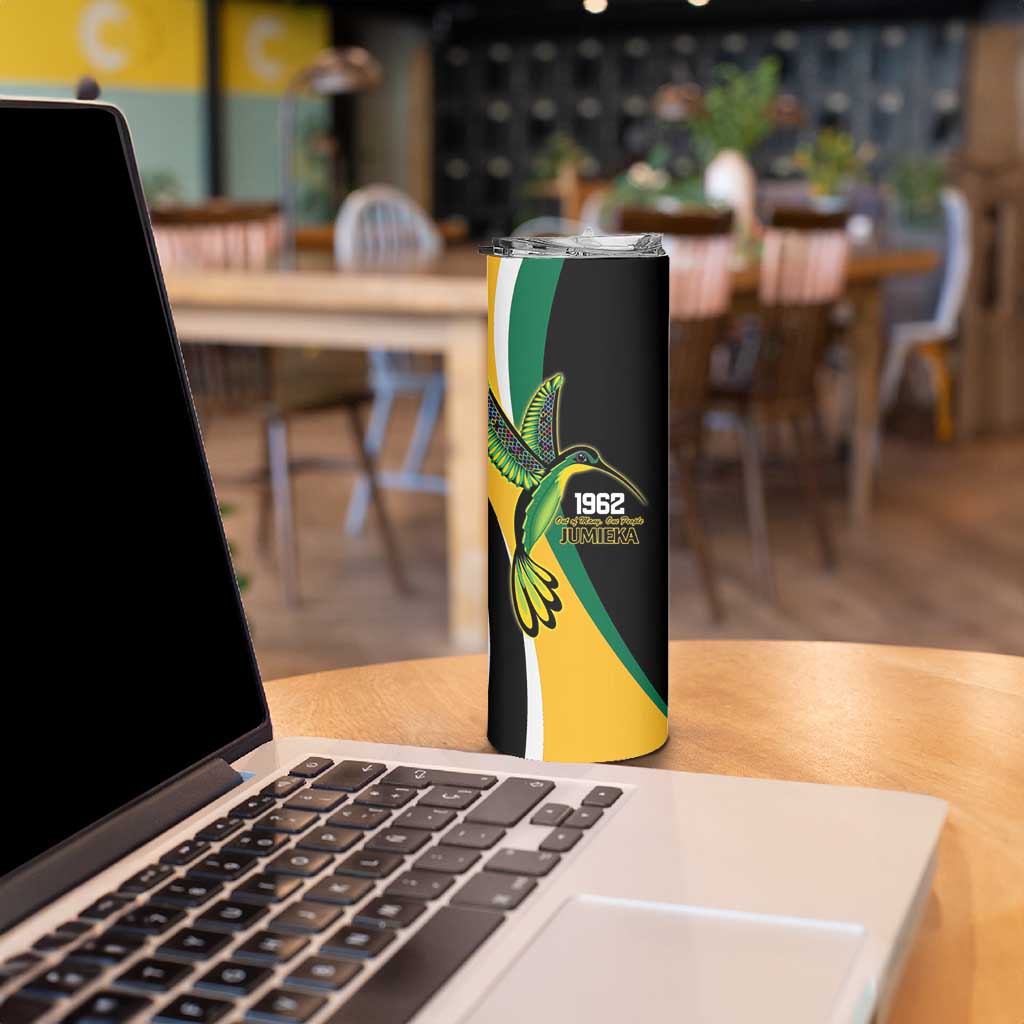 Jamaica Independence Day Personalized Skinny Tumbler Green and Yellow Tribal Hummingbird - Wonder Print Shop