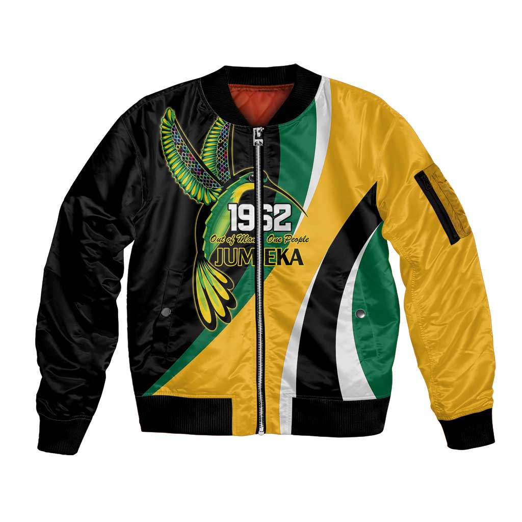 Jamaica Independence Day Personalized Sleeve Zip Bomber Jacket Green and Yellow Tribal Hummingbird - Wonder Print Shop
