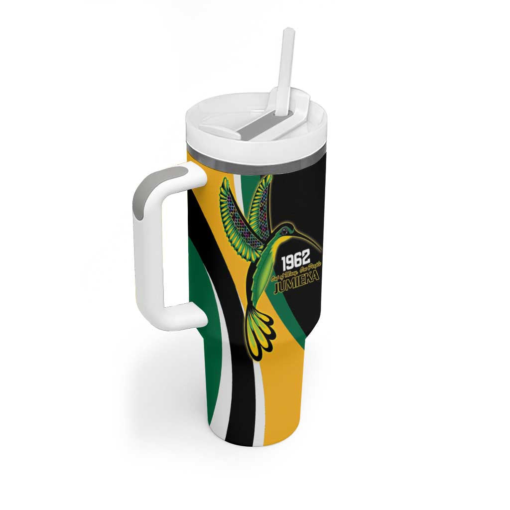 Jamaica Independence Day Personalized Tumbler With Handle Green and Yellow Tribal Hummingbird - Wonder Print Shop