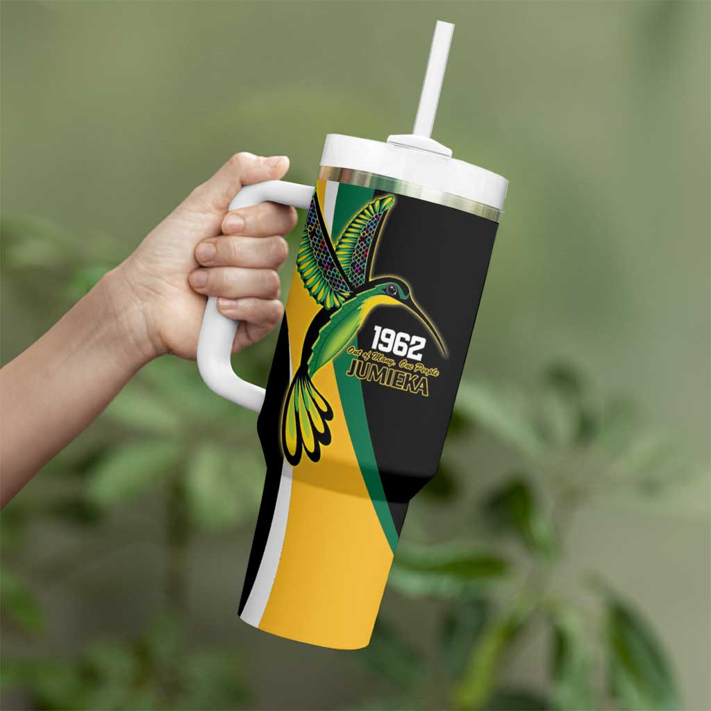 Jamaica Independence Day Personalized Tumbler With Handle Green and Yellow Tribal Hummingbird - Wonder Print Shop