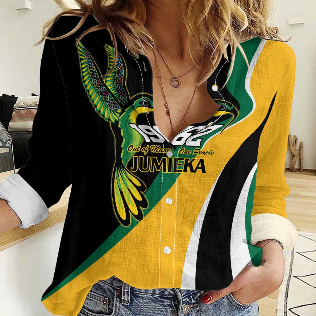 Jamaica Independence Day Personalized Women Casual Shirt Green and Yellow Tribal Hummingbird - Wonder Print Shop
