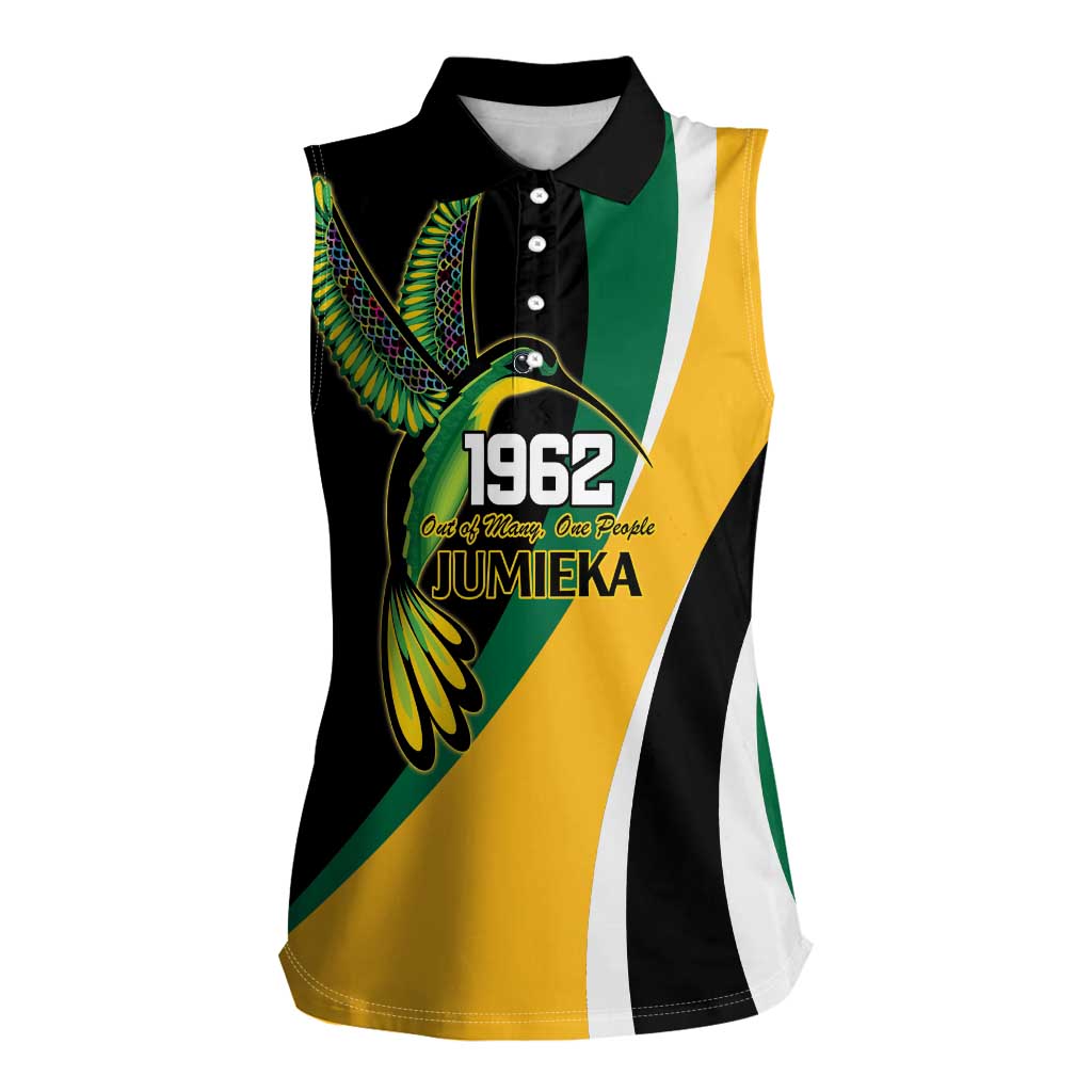 Jamaica Independence Day Personalized Women Sleeveless Polo Shirt Green and Yellow Tribal Hummingbird - Wonder Print Shop