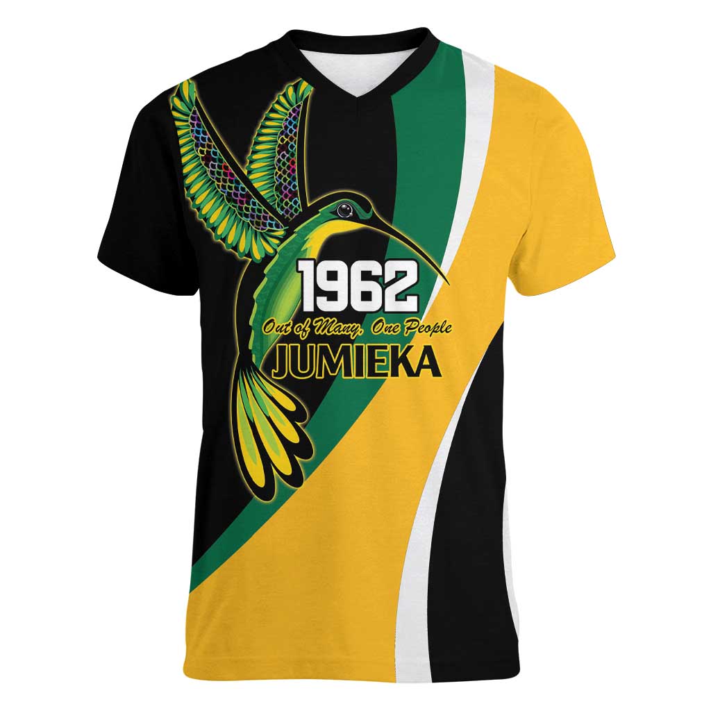 Jamaica Independence Day Personalized Women V-Neck T-Shirt Green and Yellow Tribal Hummingbird - Wonder Print Shop