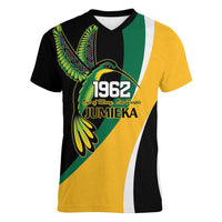 Jamaica Independence Day Personalized Women V-Neck T-Shirt Green and Yellow Tribal Hummingbird - Wonder Print Shop