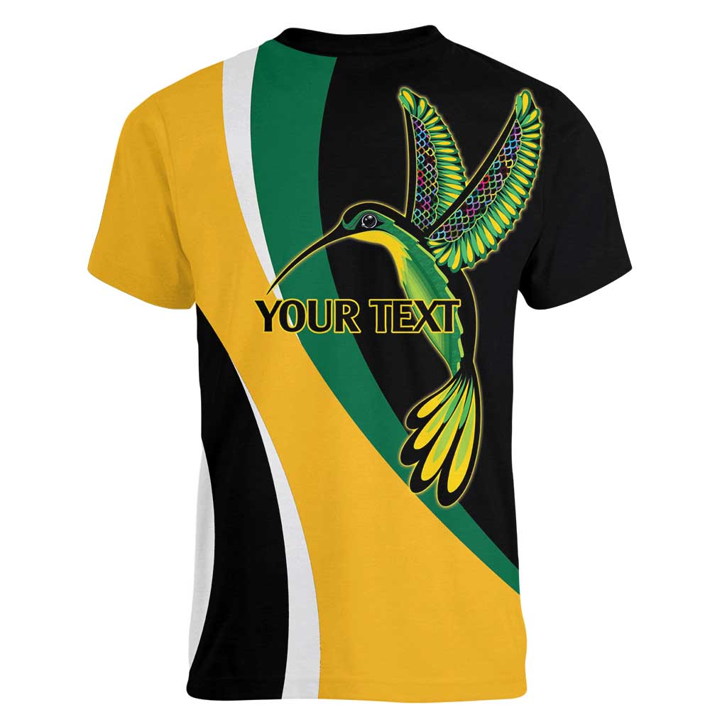 Jamaica Independence Day Personalized Women V-Neck T-Shirt Green and Yellow Tribal Hummingbird - Wonder Print Shop