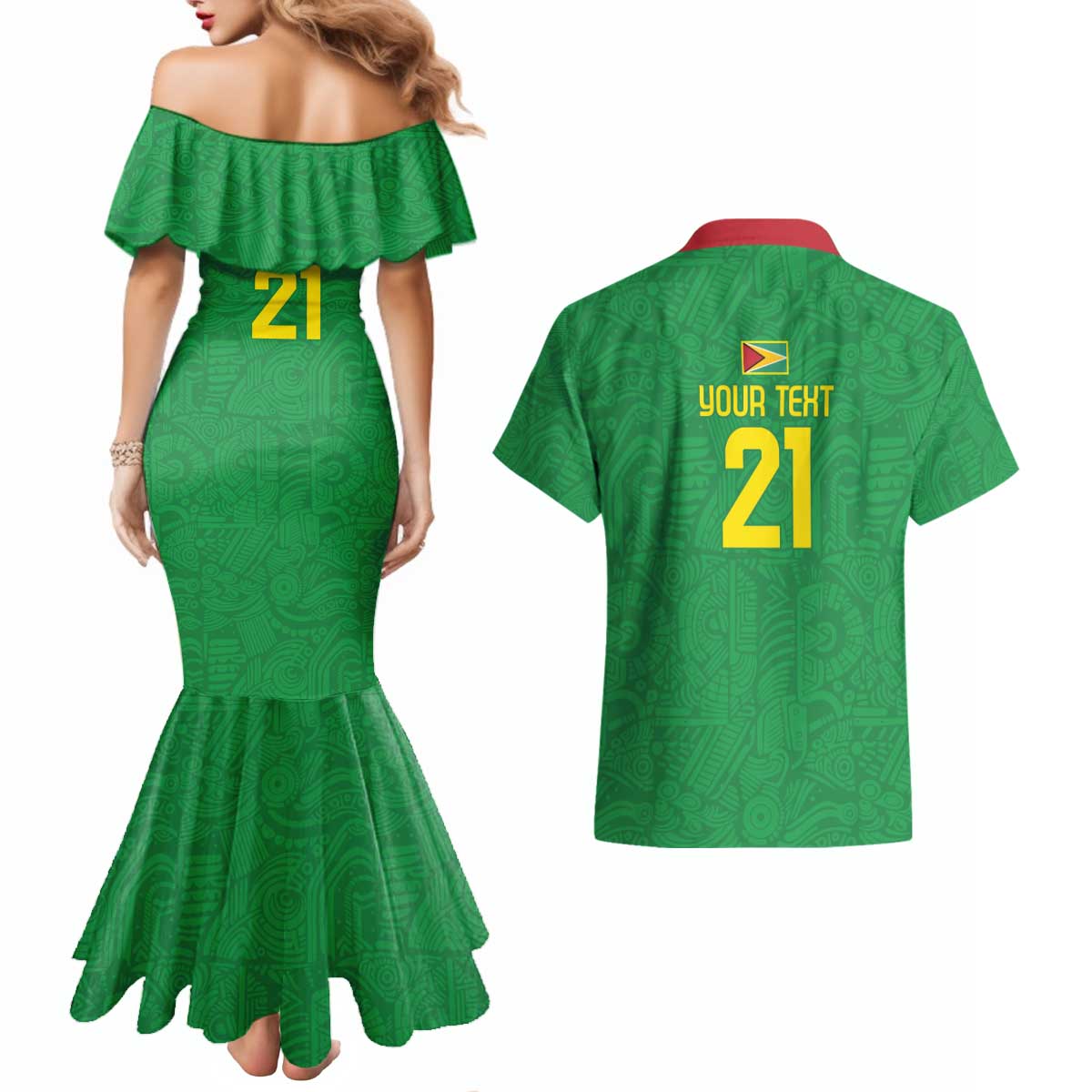 Golden Jaguars Fan Pride Custom Couples Matching Mermaid Dress and Hawaiian Shirt Support Green Gold and Glory - Wonder Print Shop
