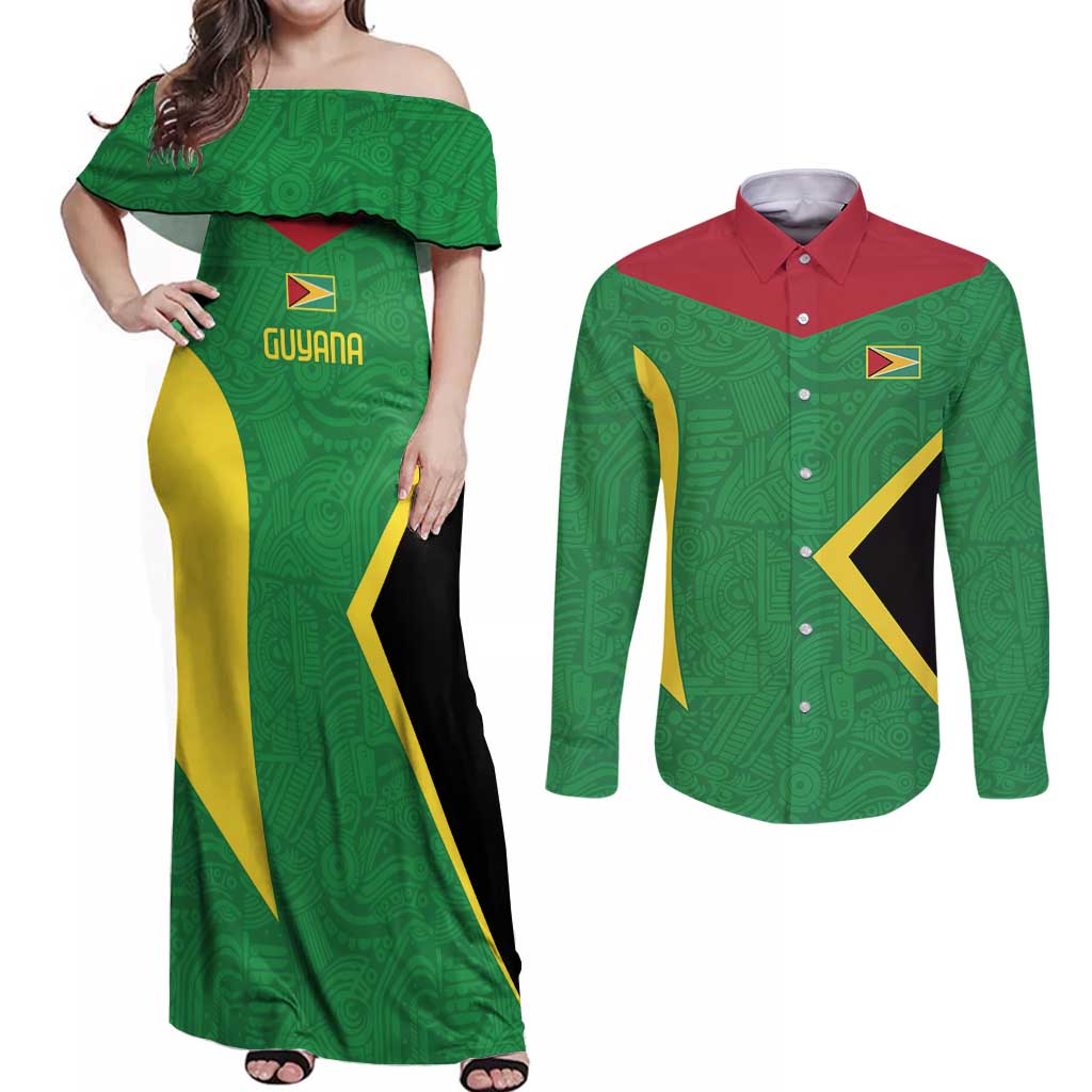 Golden Jaguars Fan Pride Custom Couples Matching Off Shoulder Maxi Dress and Long Sleeve Button Shirt Support Green Gold and Glory - Wonder Print Shop