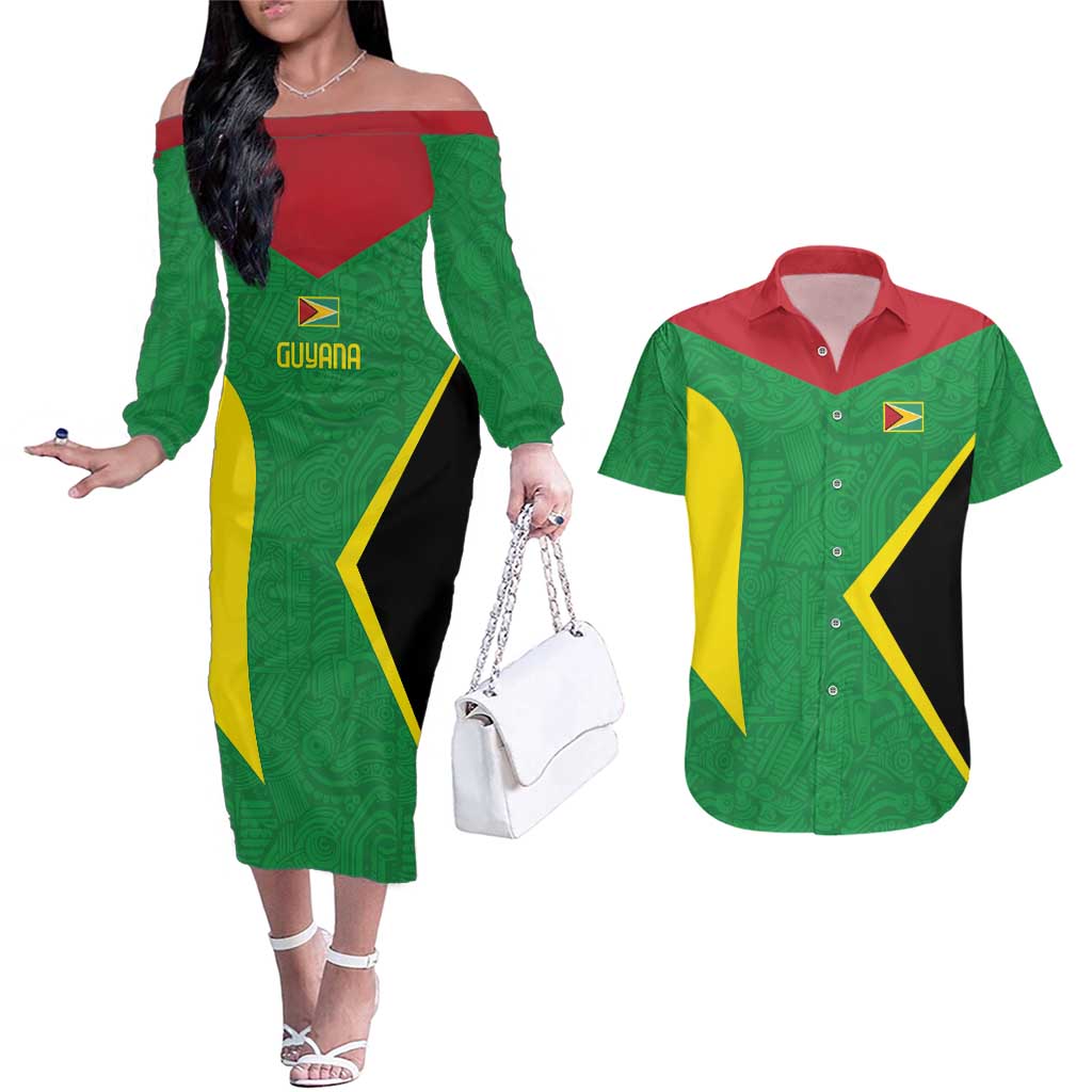 Golden Jaguars Fan Pride Custom Couples Matching Off The Shoulder Long Sleeve Dress and Hawaiian Shirt Support Green Gold and Glory - Wonder Print Shop