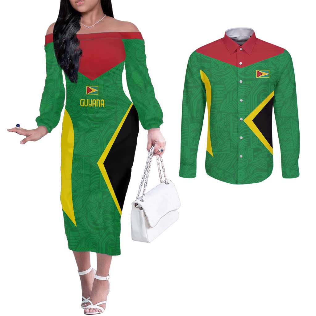 Golden Jaguars Fan Pride Custom Couples Matching Off The Shoulder Long Sleeve Dress and Long Sleeve Button Shirt Support Green Gold and Glory - Wonder Print Shop