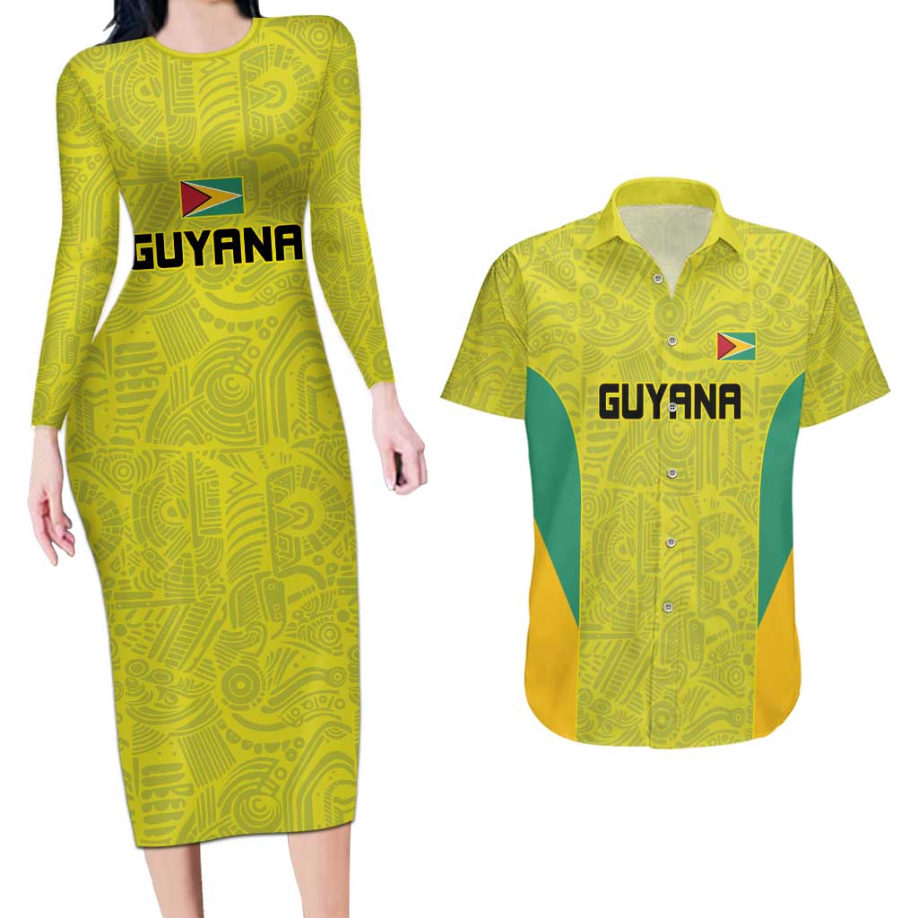 Golden Jaguars Football Custom Couples Matching Long Sleeve Bodycon Dress and Hawaiian Shirt Proud of Guyana - Wonder Print Shop