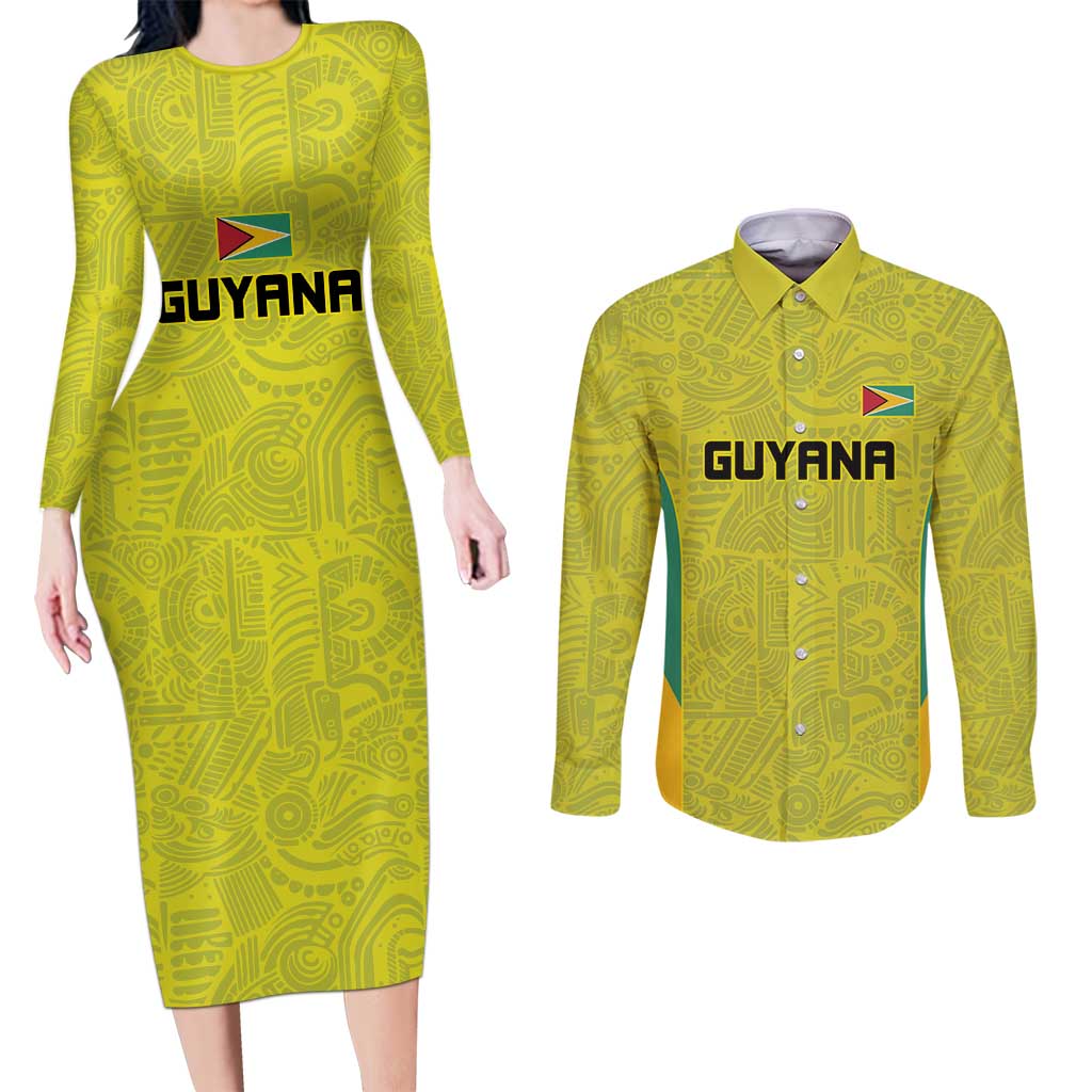 Golden Jaguars Football Custom Couples Matching Long Sleeve Bodycon Dress and Long Sleeve Button Shirt Proud of Guyana - Wonder Print Shop