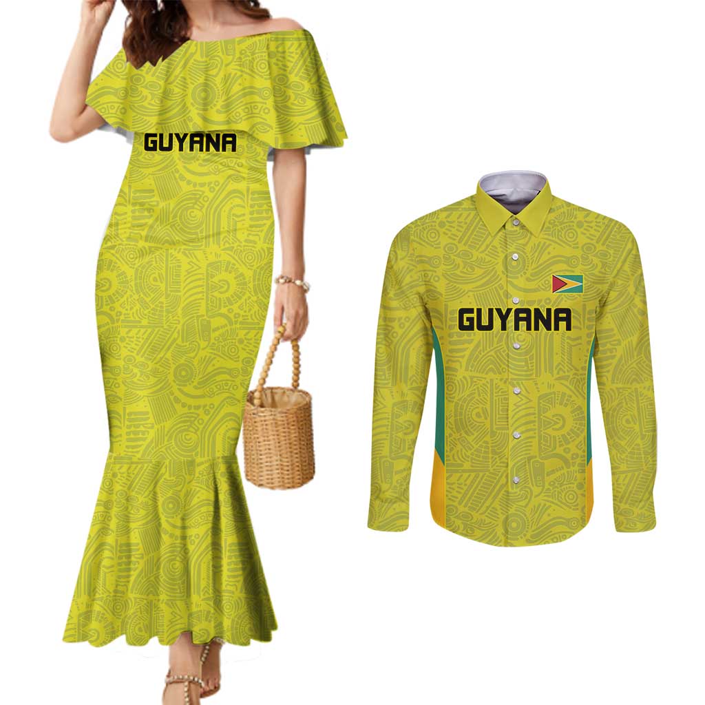 Golden Jaguars Football Custom Couples Matching Mermaid Dress and Long Sleeve Button Shirt Proud of Guyana - Wonder Print Shop