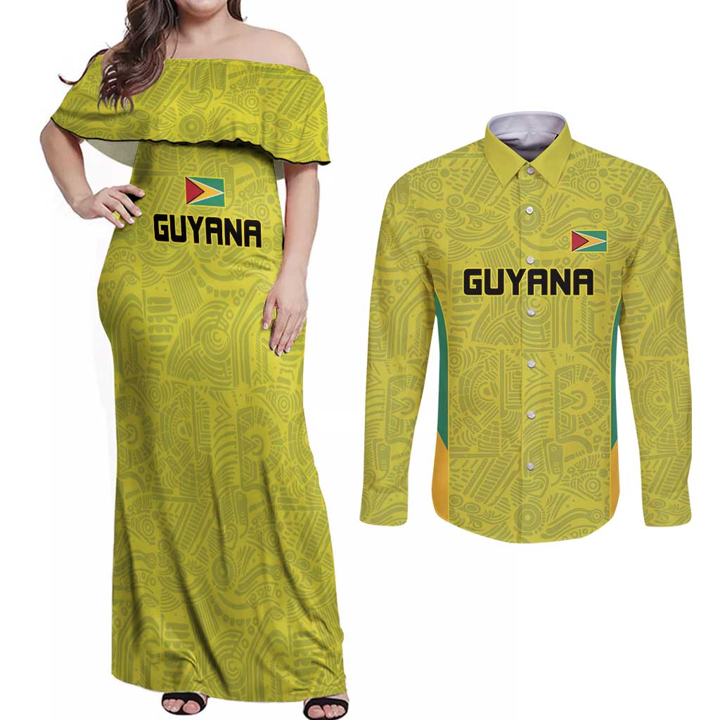 Golden Jaguars Football Custom Couples Matching Off Shoulder Maxi Dress and Long Sleeve Button Shirt Proud of Guyana - Wonder Print Shop