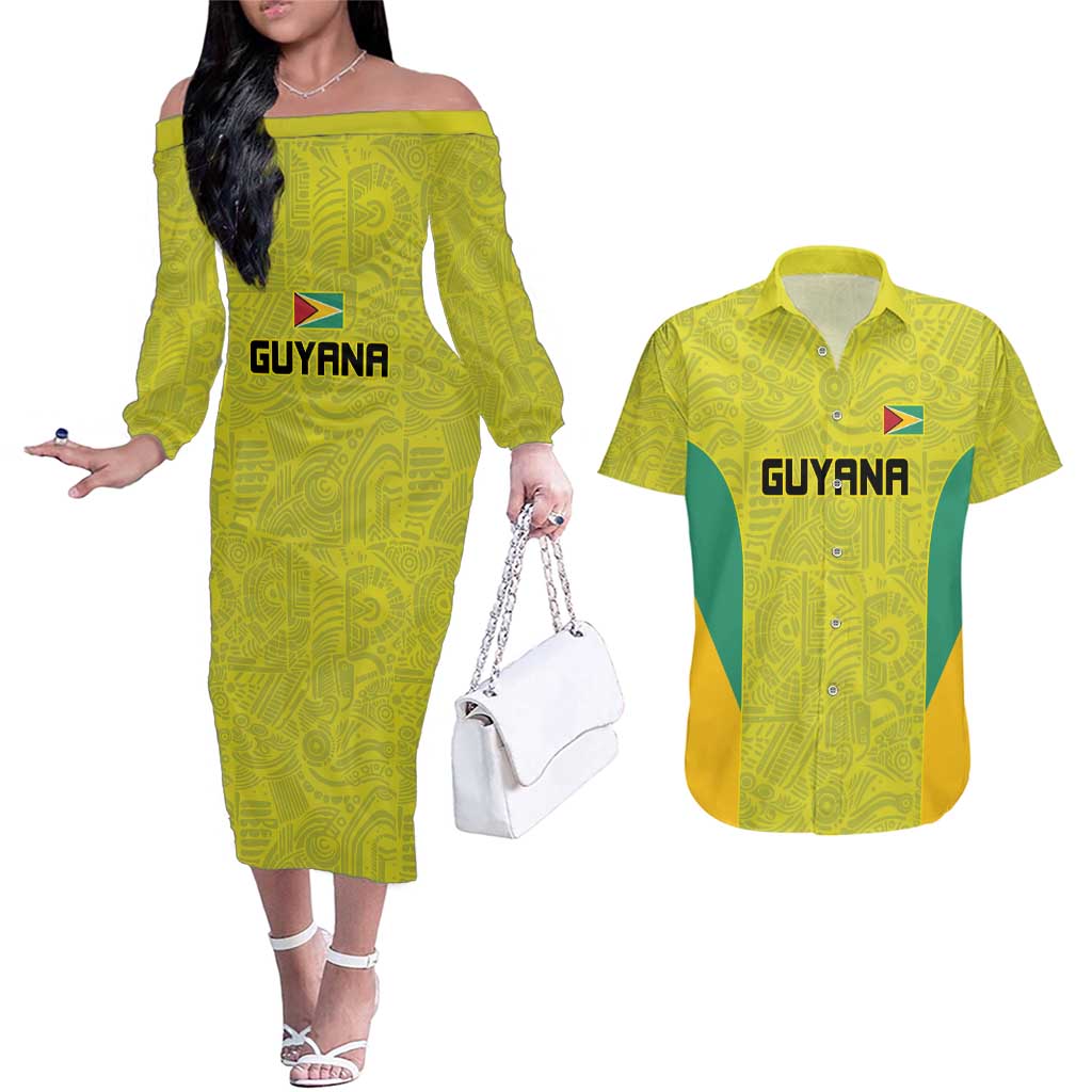 Golden Jaguars Football Custom Couples Matching Off The Shoulder Long Sleeve Dress and Hawaiian Shirt Proud of Guyana - Wonder Print Shop