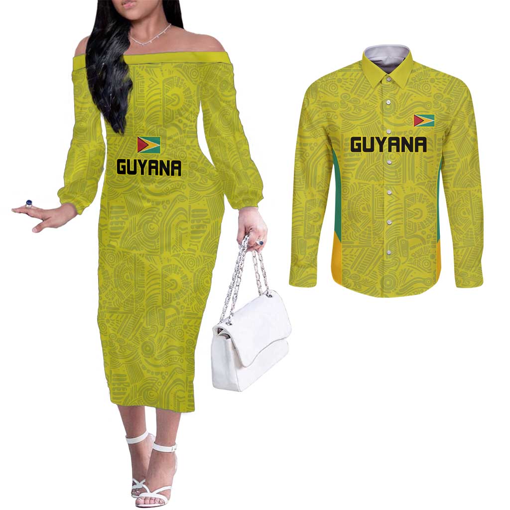 Golden Jaguars Football Custom Couples Matching Off The Shoulder Long Sleeve Dress and Long Sleeve Button Shirt Proud of Guyana - Wonder Print Shop