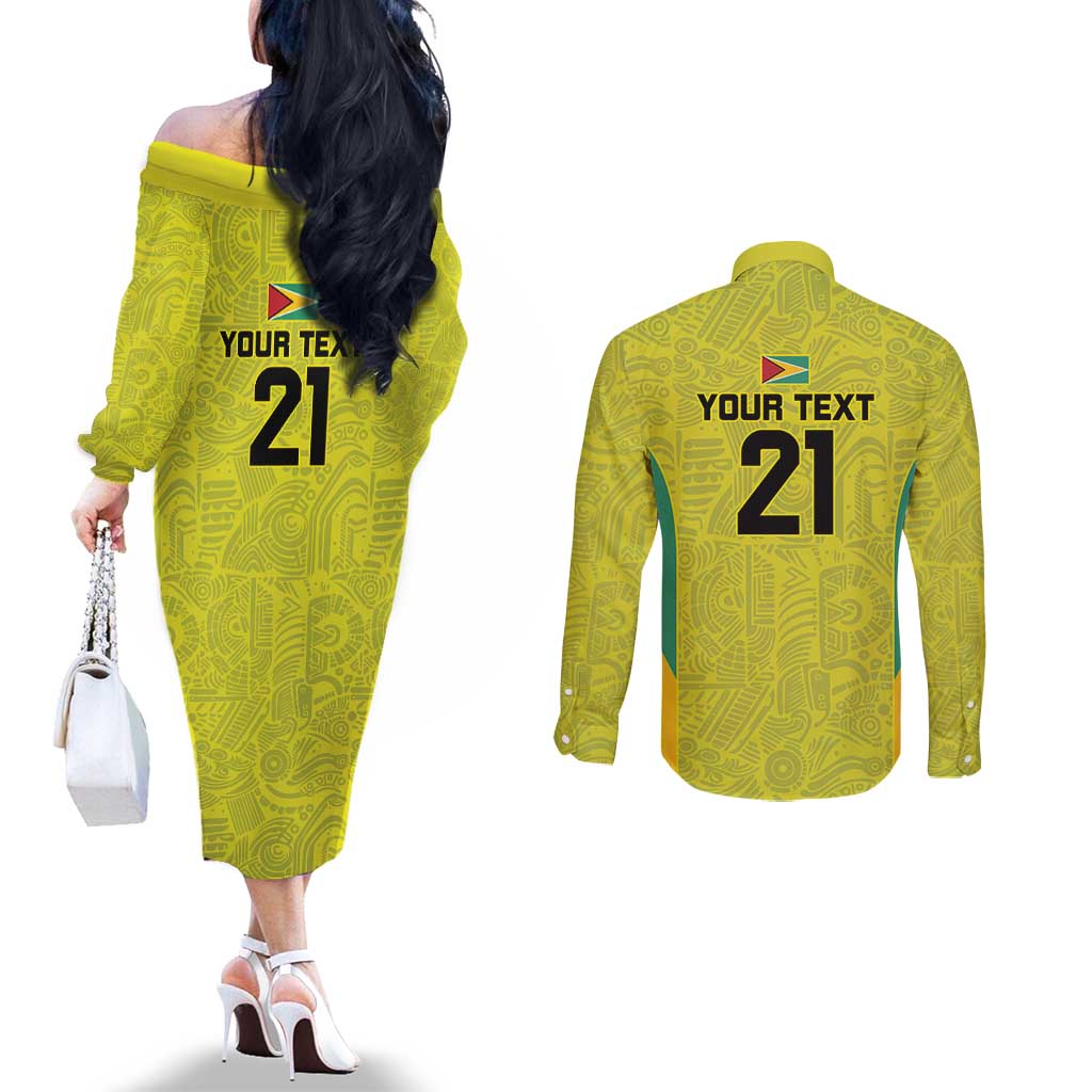 Golden Jaguars Football Custom Couples Matching Off The Shoulder Long Sleeve Dress and Long Sleeve Button Shirt Proud of Guyana - Wonder Print Shop