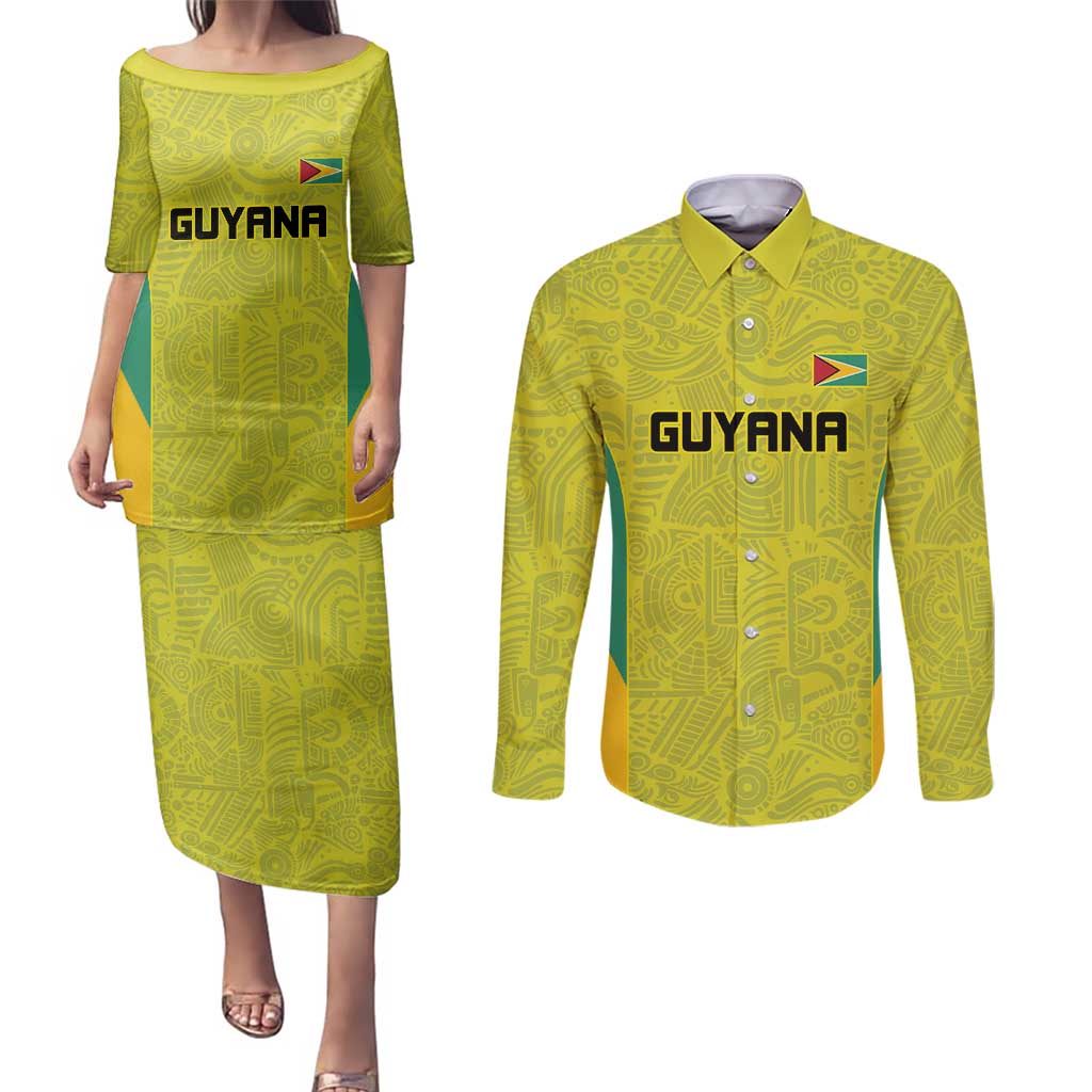 Golden Jaguars Football Custom Couples Matching Puletasi and Long Sleeve Button Shirt Proud of Guyana - Wonder Print Shop