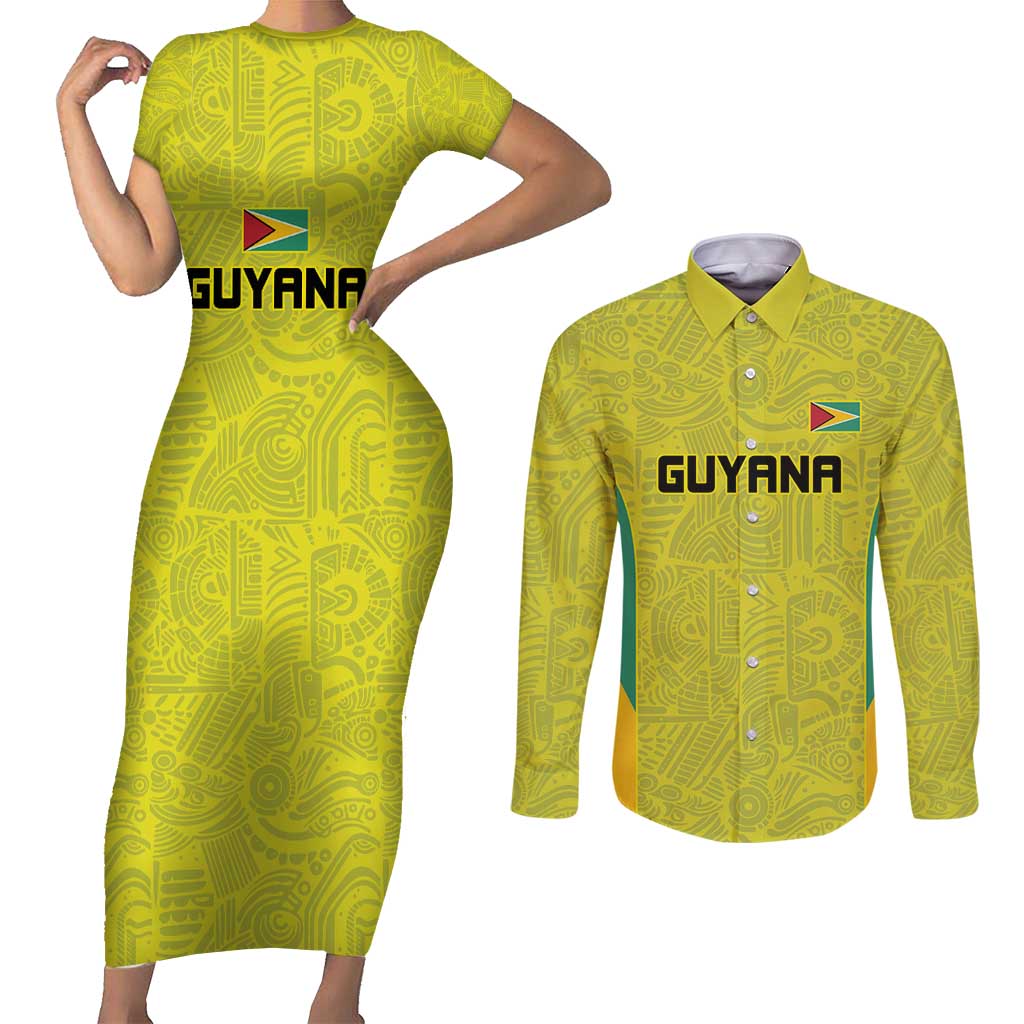 Golden Jaguars Football Custom Couples Matching Short Sleeve Bodycon Dress and Long Sleeve Button Shirt Proud of Guyana - Wonder Print Shop