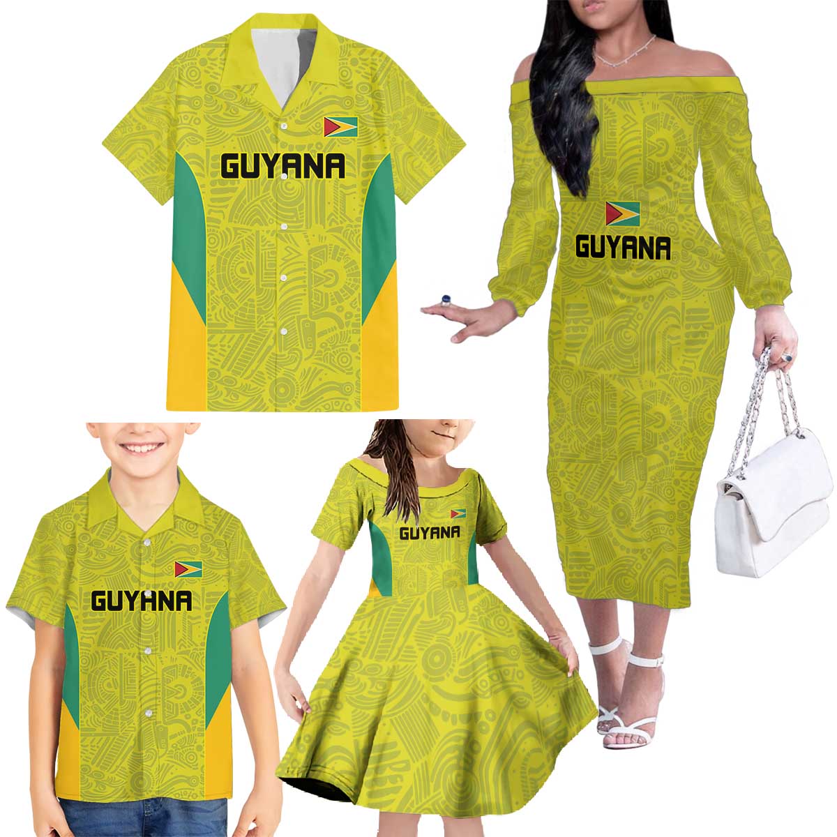 Golden Jaguars Football Custom Family Matching Off The Shoulder Long Sleeve Dress and Hawaiian Shirt Proud of Guyana - Wonder Print Shop