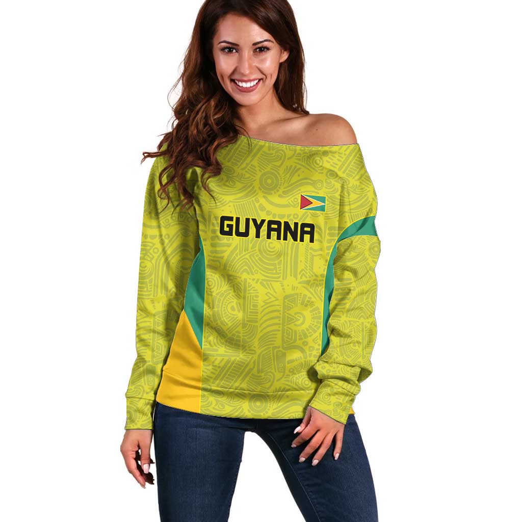 Golden Jaguars Football Custom Off Shoulder Sweater Proud of Guyana - Wonder Print Shop