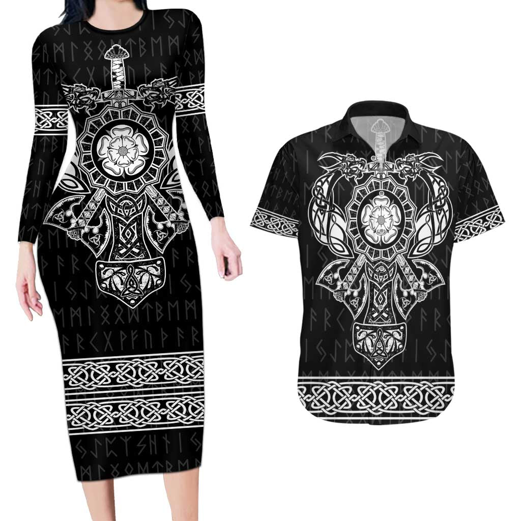 Vikings from Yorkshire Couples Matching Long Sleeve Bodycon Dress and Hawaiian Shirt Black Spirit of Jorvik - Wonder Print Shop