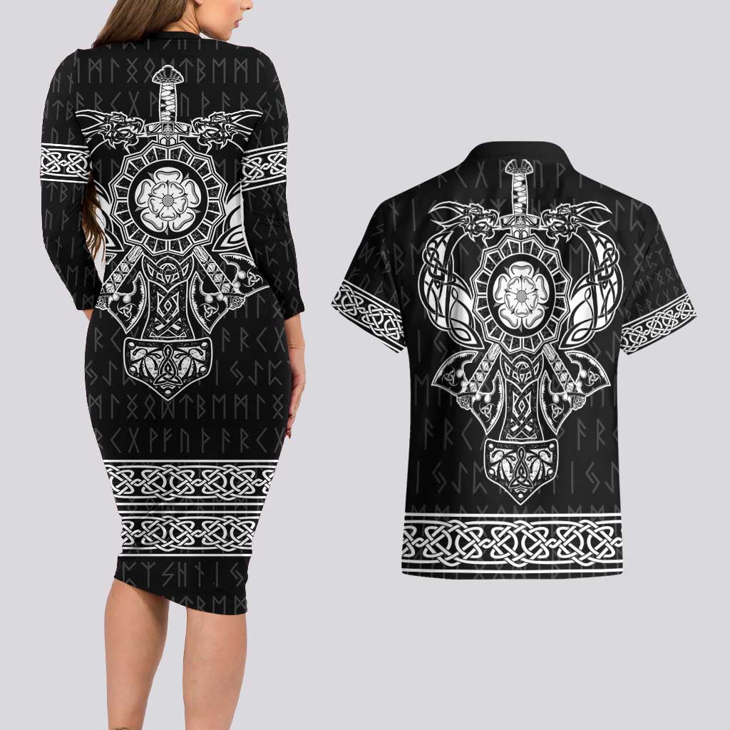 Vikings from Yorkshire Couples Matching Long Sleeve Bodycon Dress and Hawaiian Shirt Black Spirit of Jorvik - Wonder Print Shop