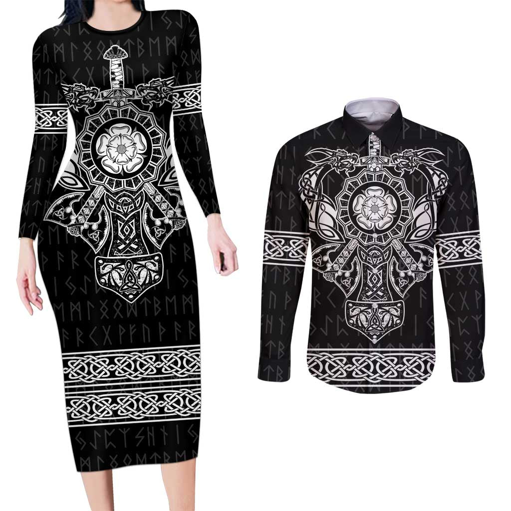 Vikings from Yorkshire Couples Matching Long Sleeve Bodycon Dress and Long Sleeve Button Shirt Black Spirit of Jorvik - Wonder Print Shop