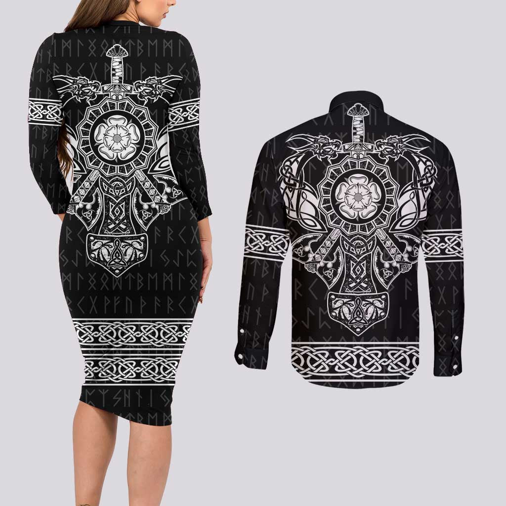 Vikings from Yorkshire Couples Matching Long Sleeve Bodycon Dress and Long Sleeve Button Shirt Black Spirit of Jorvik - Wonder Print Shop