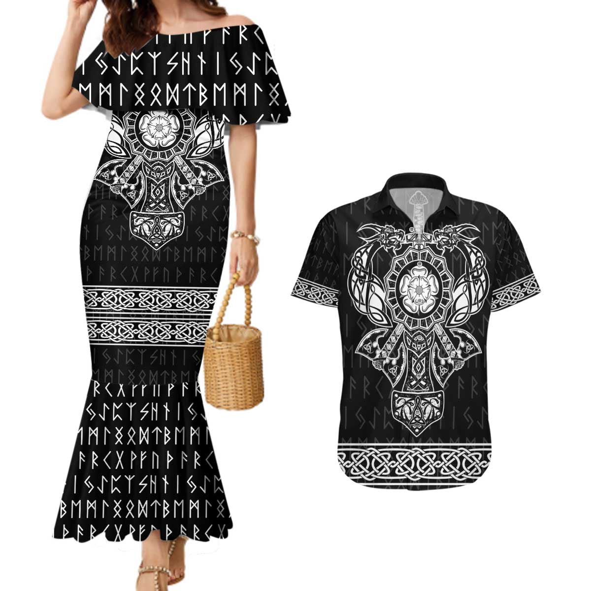 Vikings from Yorkshire Couples Matching Mermaid Dress and Hawaiian Shirt Black Spirit of Jorvik - Wonder Print Shop