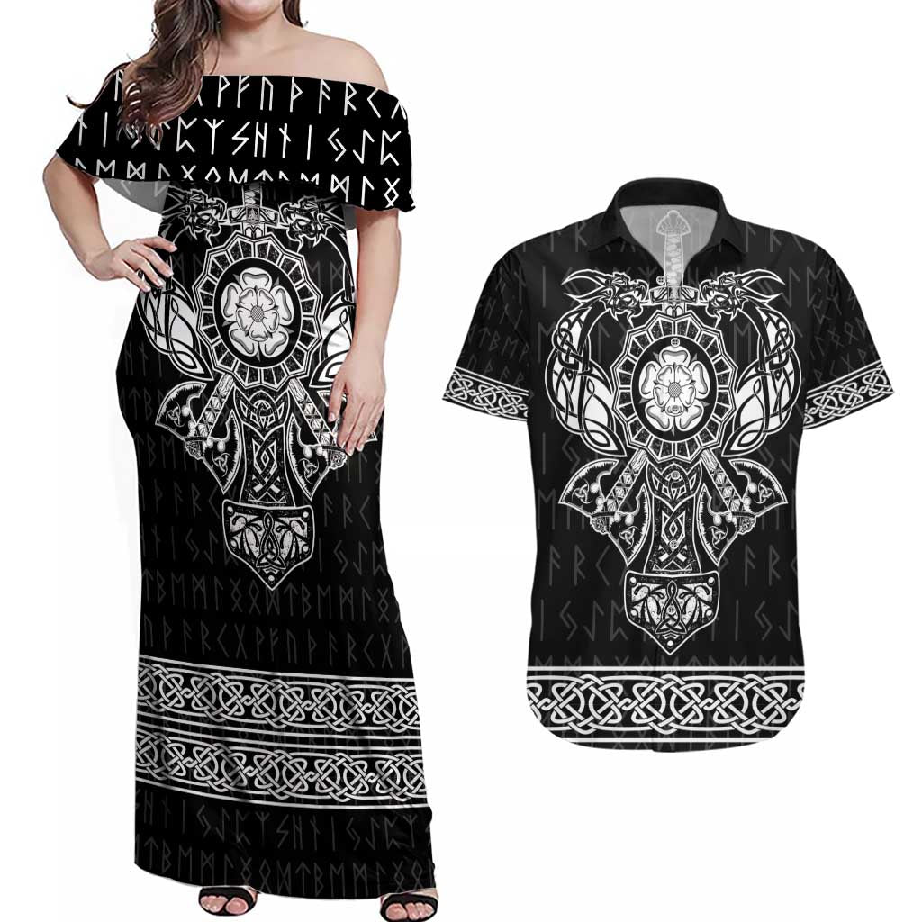 Vikings from Yorkshire Couples Matching Off Shoulder Maxi Dress and Hawaiian Shirt Black Spirit of Jorvik - Wonder Print Shop