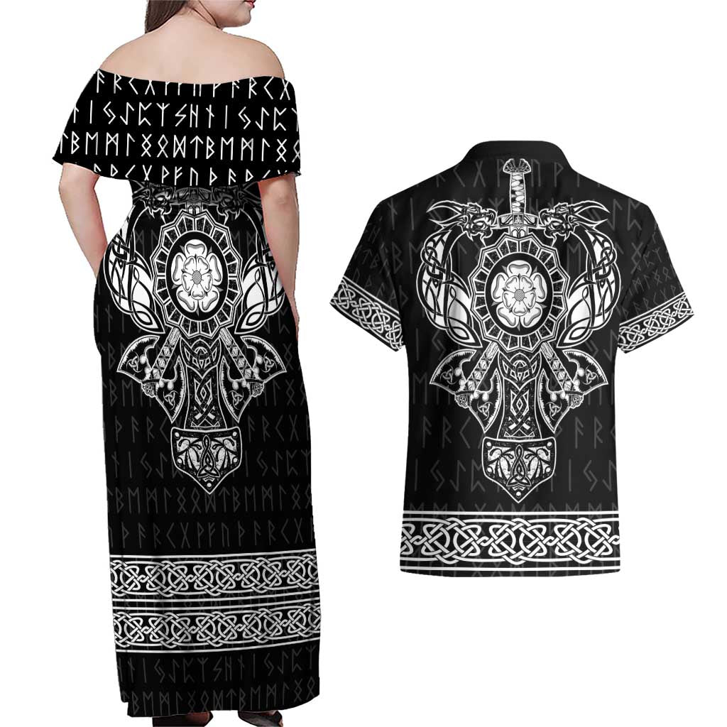 Vikings from Yorkshire Couples Matching Off Shoulder Maxi Dress and Hawaiian Shirt Black Spirit of Jorvik - Wonder Print Shop