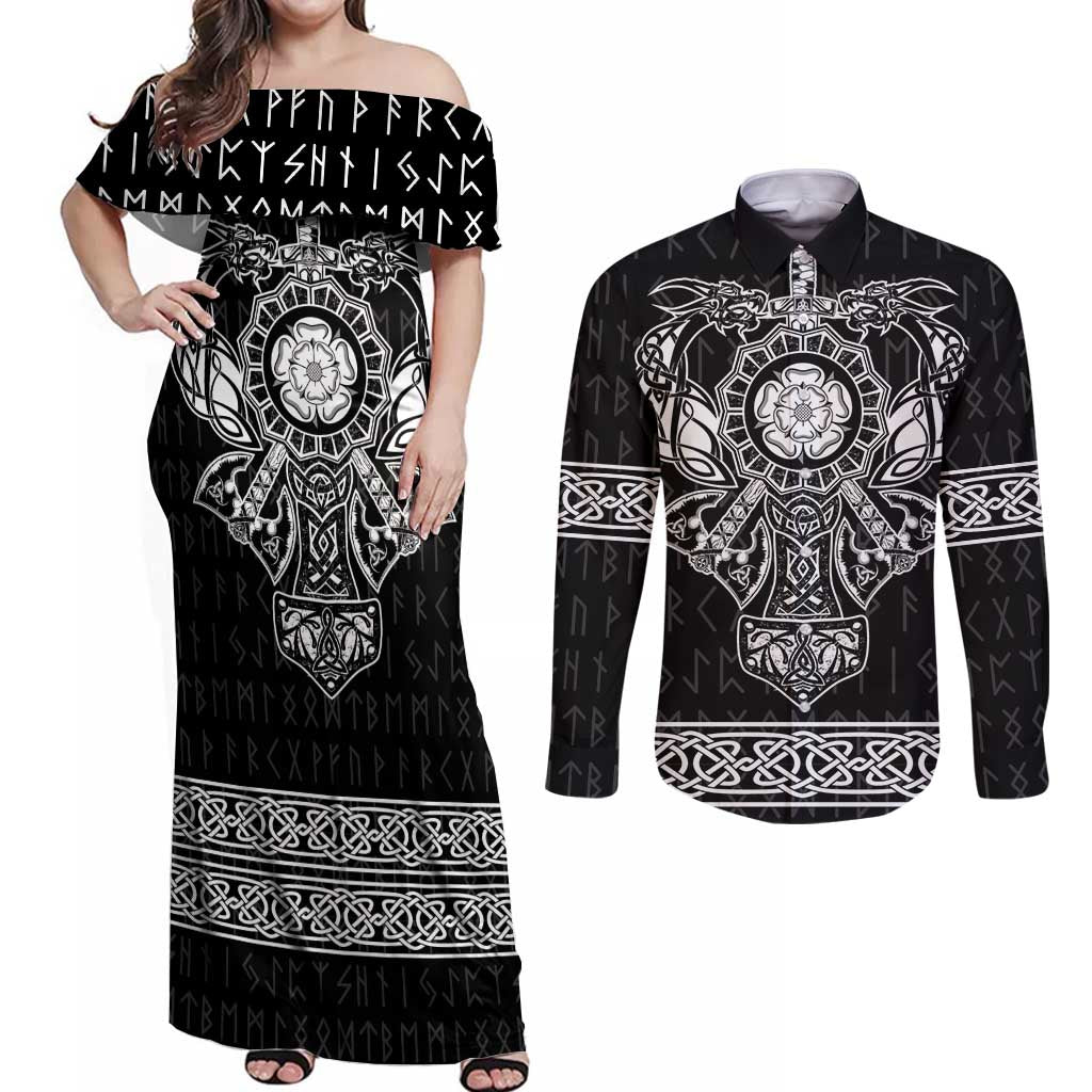 Vikings from Yorkshire Couples Matching Off Shoulder Maxi Dress and Long Sleeve Button Shirt Black Spirit of Jorvik - Wonder Print Shop