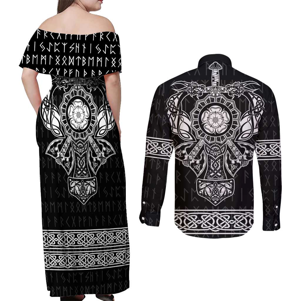 Vikings from Yorkshire Couples Matching Off Shoulder Maxi Dress and Long Sleeve Button Shirt Black Spirit of Jorvik - Wonder Print Shop