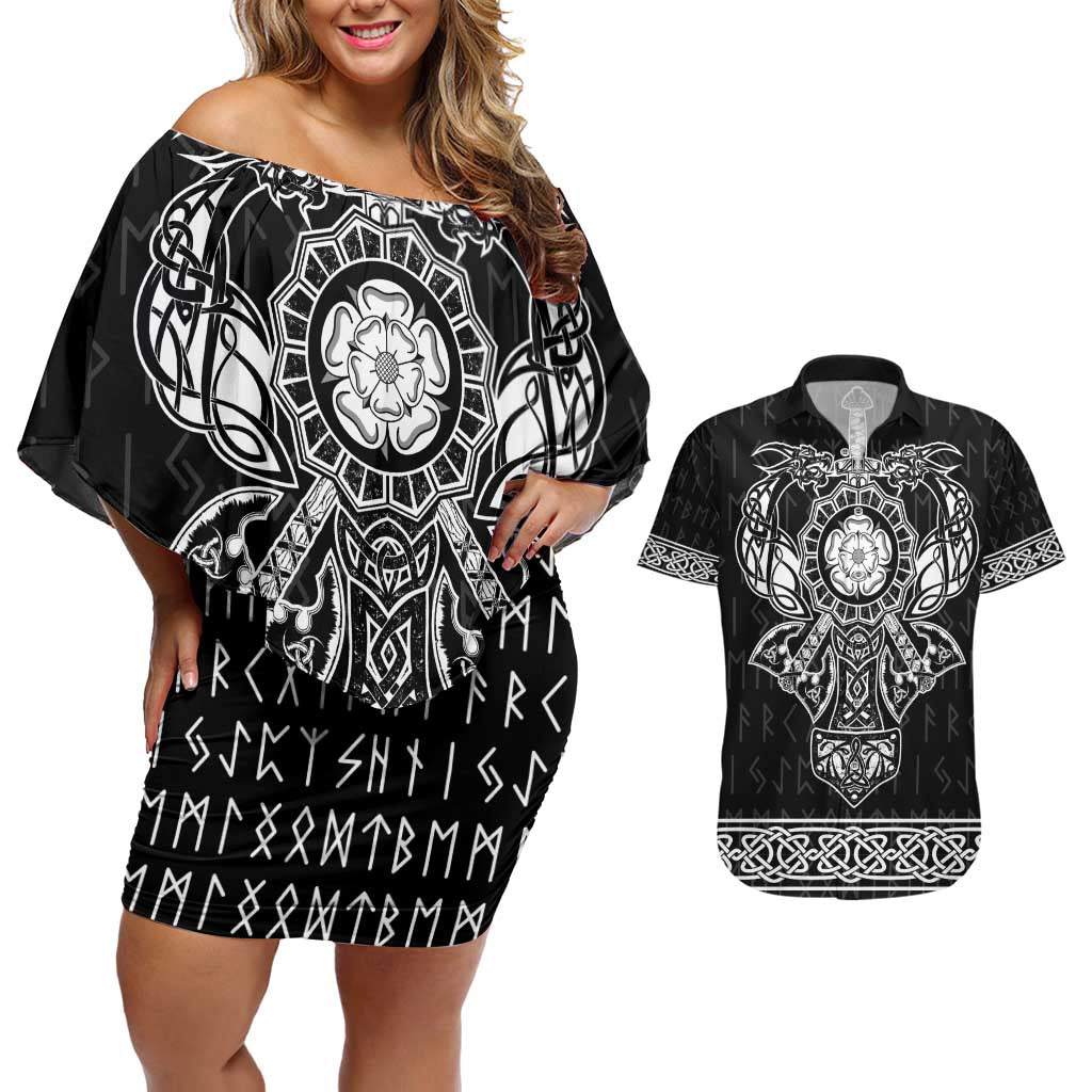 Vikings from Yorkshire Couples Matching Off Shoulder Short Dress and Hawaiian Shirt Black Spirit of Jorvik - Wonder Print Shop