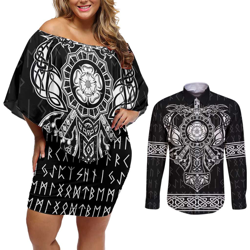 Vikings from Yorkshire Couples Matching Off Shoulder Short Dress and Long Sleeve Button Shirt Black Spirit of Jorvik - Wonder Print Shop