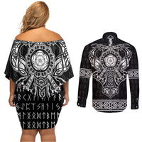 Vikings from Yorkshire Couples Matching Off Shoulder Short Dress and Long Sleeve Button Shirt Black Spirit of Jorvik - Wonder Print Shop