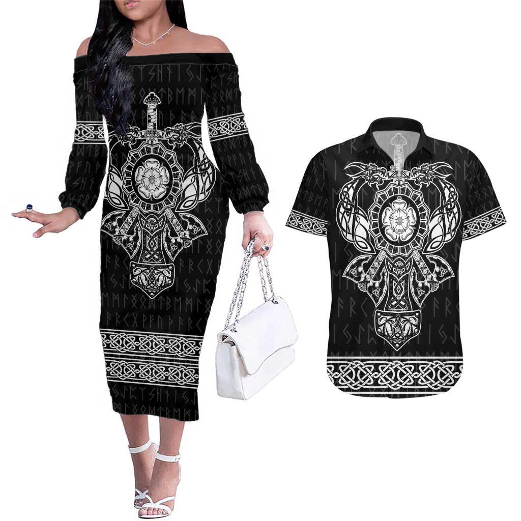 Vikings from Yorkshire Couples Matching Off The Shoulder Long Sleeve Dress and Hawaiian Shirt Black Spirit of Jorvik - Wonder Print Shop