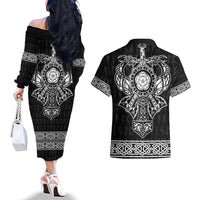 Vikings from Yorkshire Couples Matching Off The Shoulder Long Sleeve Dress and Hawaiian Shirt Black Spirit of Jorvik - Wonder Print Shop