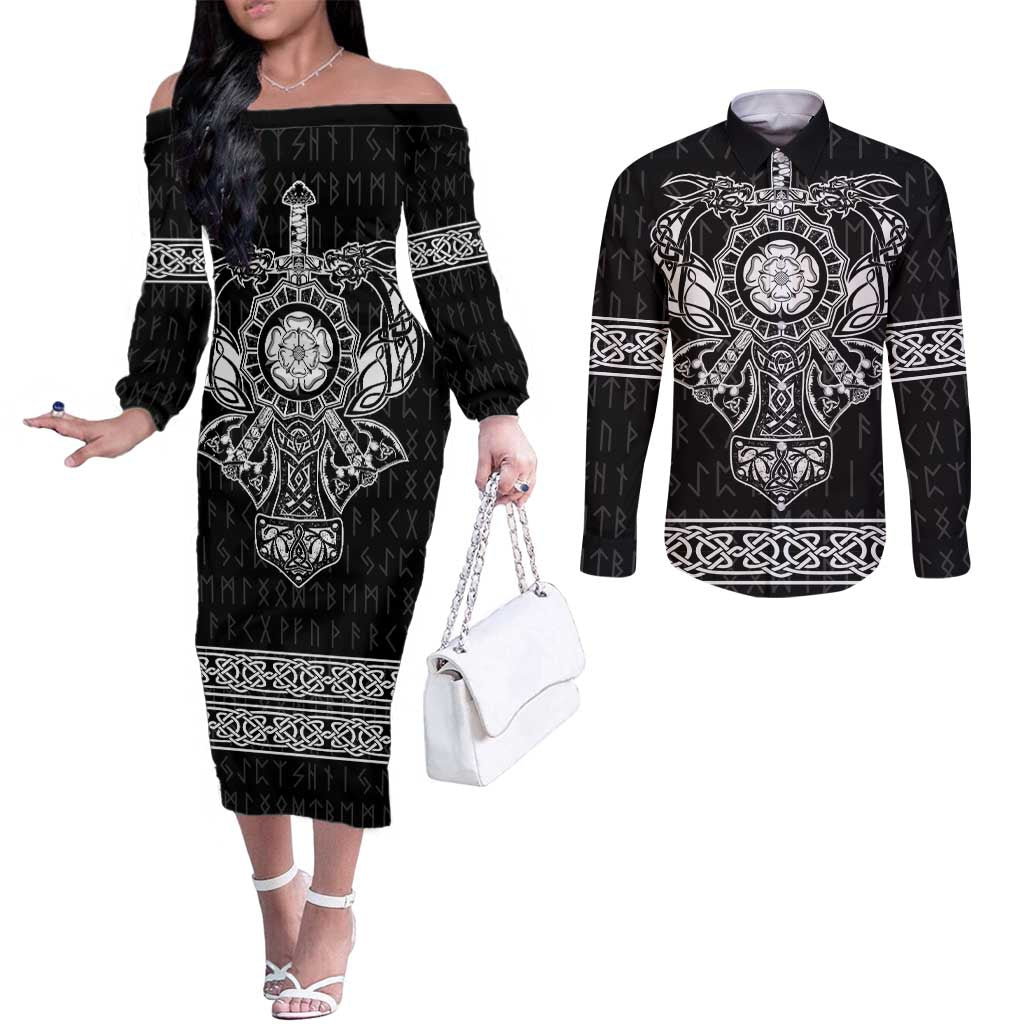 Vikings from Yorkshire Couples Matching Off The Shoulder Long Sleeve Dress and Long Sleeve Button Shirt Black Spirit of Jorvik - Wonder Print Shop
