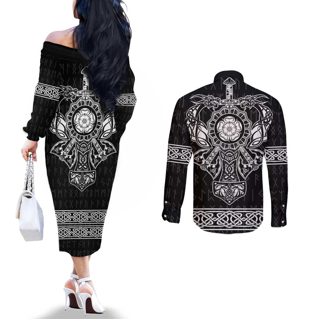 Vikings from Yorkshire Couples Matching Off The Shoulder Long Sleeve Dress and Long Sleeve Button Shirt Black Spirit of Jorvik - Wonder Print Shop