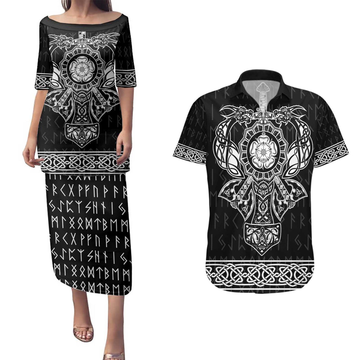 Vikings from Yorkshire Couples Matching Puletasi and Hawaiian Shirt Black Spirit of Jorvik - Wonder Print Shop