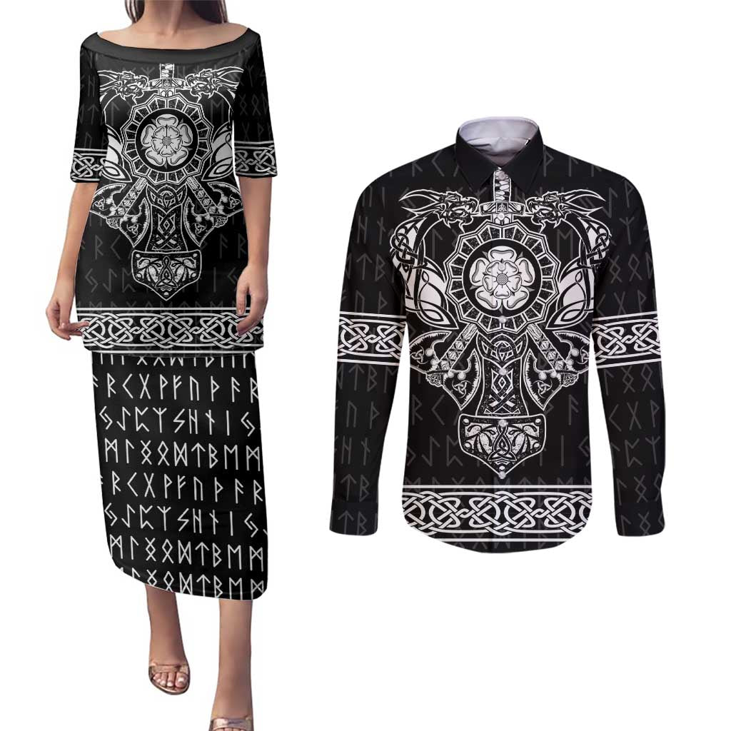 Vikings from Yorkshire Couples Matching Puletasi and Long Sleeve Button Shirt Black Spirit of Jorvik - Wonder Print Shop