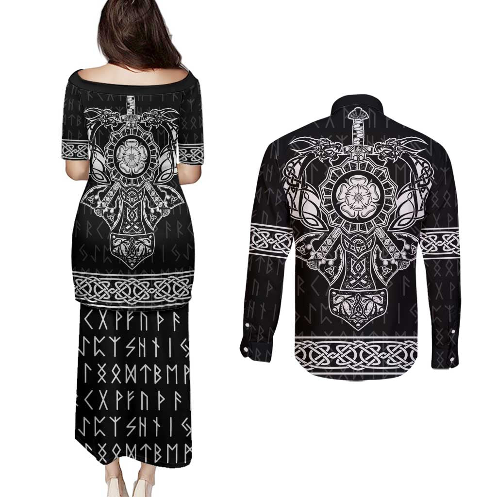 Vikings from Yorkshire Couples Matching Puletasi and Long Sleeve Button Shirt Black Spirit of Jorvik - Wonder Print Shop